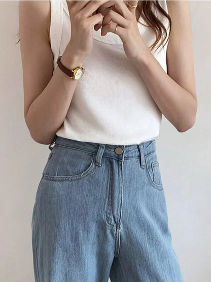 Dozw Women White Summer Knit Tank Top Camisole Essential
