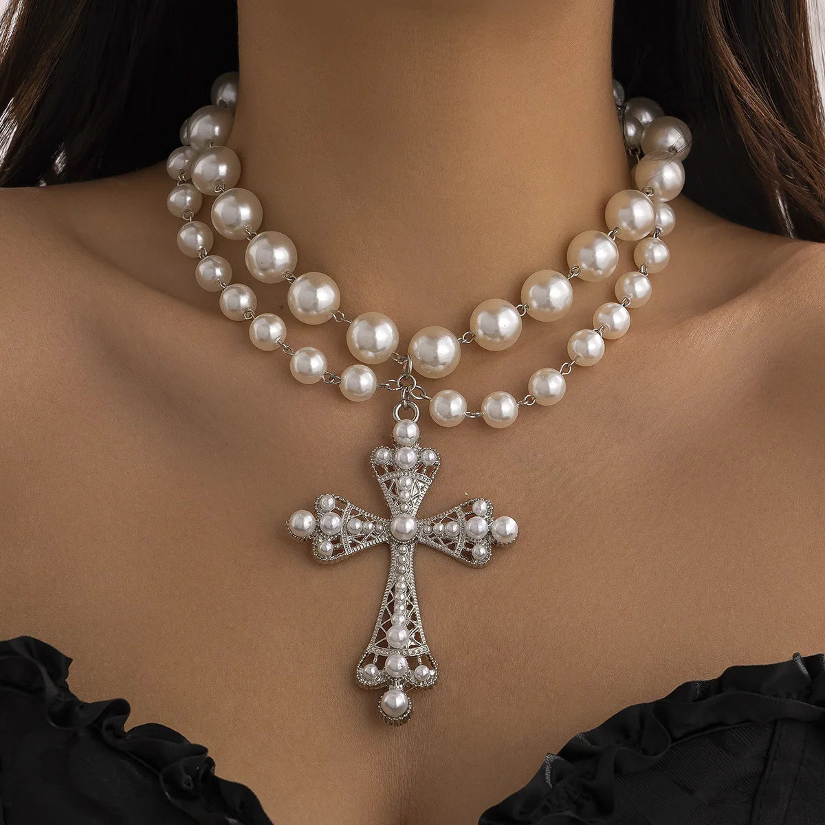 Gothic Pearl Cross Necklace for Women Y2K Fashion Choker with Rhinestone Pendant