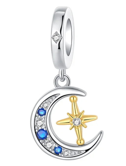 925 Sterling Silver Charms Set Moon Stars Sun Flower Heart Zircon Beads for DIY Jewelry and Gifts