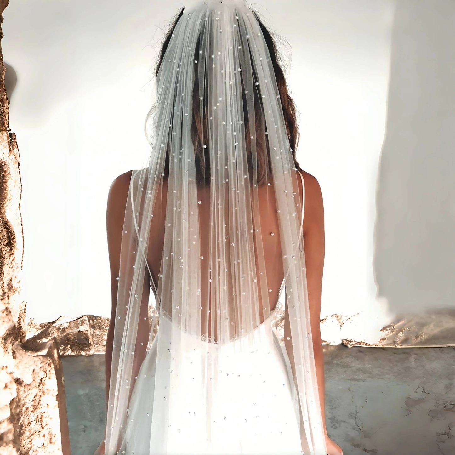 Pearls Bridal Veil Soft 1 Tier Beaded Wedding Veil Cathedral Length with Comb Elegant Wedding Accessories