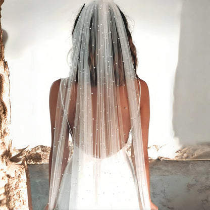 Pearls Bridal Veil Soft 1 Tier Beaded Wedding Veil Cathedral Length with Comb Elegant Wedding Accessories
