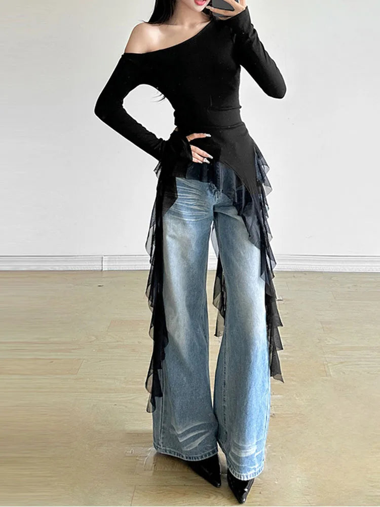 Y2K Aesthetic Gauze Patchwork Top With Skew Collar Harajuku