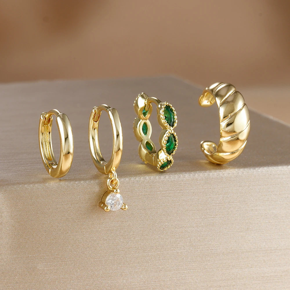 4PCS Gold Plated Stainless Steel Cubic Zirconia Star Leaves Hoop Earrings Set for Women