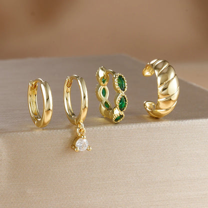 4PCS Gold Plated Stainless Steel Cubic Zirconia Star Leaves Hoop Earrings Set for Women
