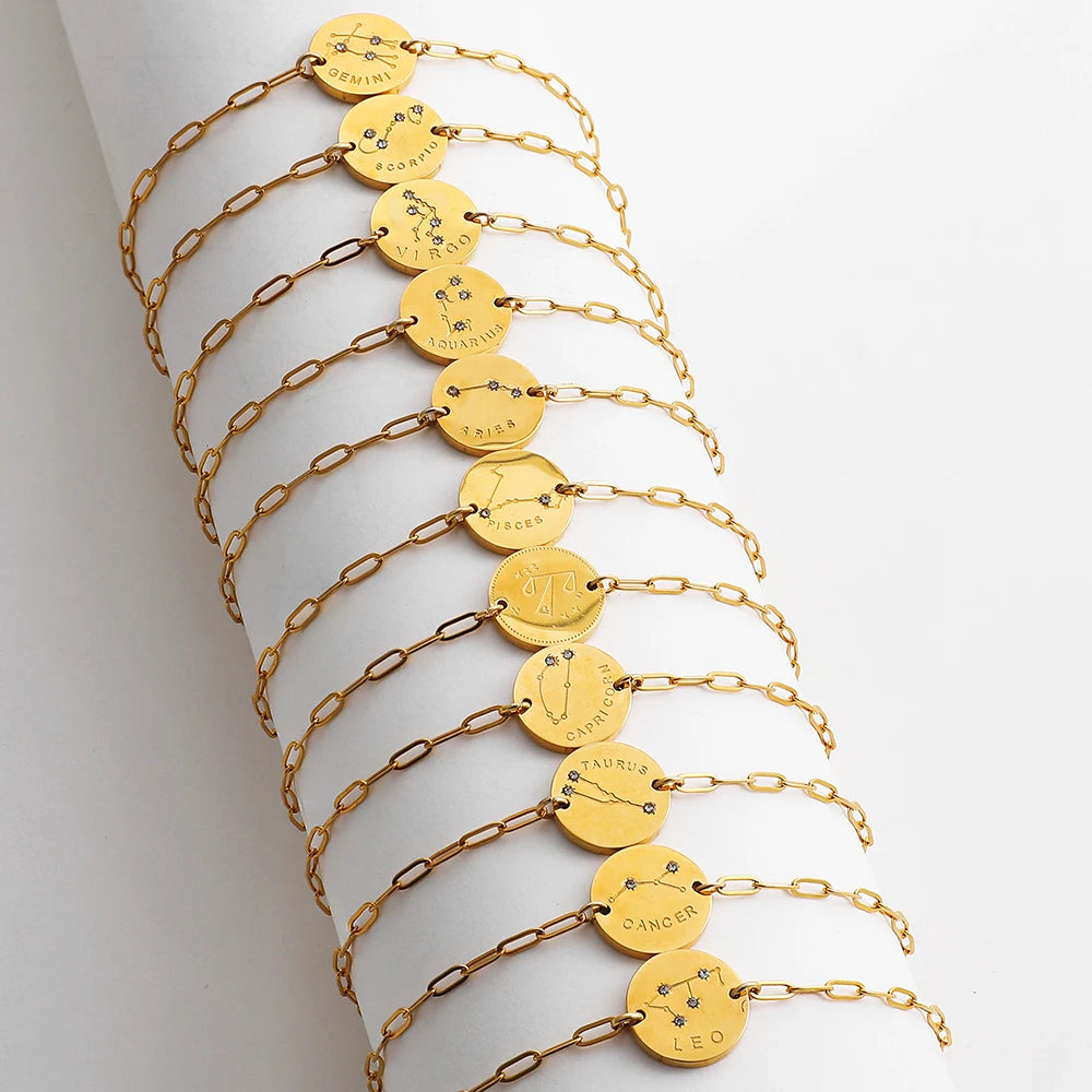 Vintage Zodiac Sign Charm Bracelet for Women - Stainless Steel Horoscope Jewelry 2023