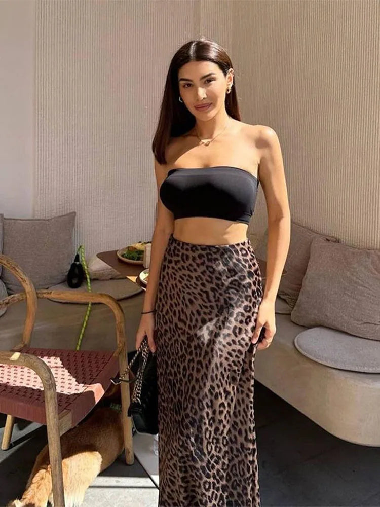 Leopard Print Vintage Trumpet Maxi Skirt Women High Waist