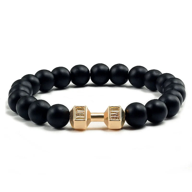 Vintage Men's Natural Stone Bead Bracelet With Dumbbell Pendant matte gold