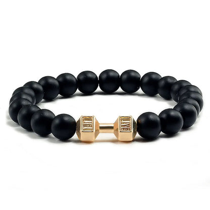 Vintage Men's Natural Stone Bead Bracelet With Dumbbell Pendant matte gold