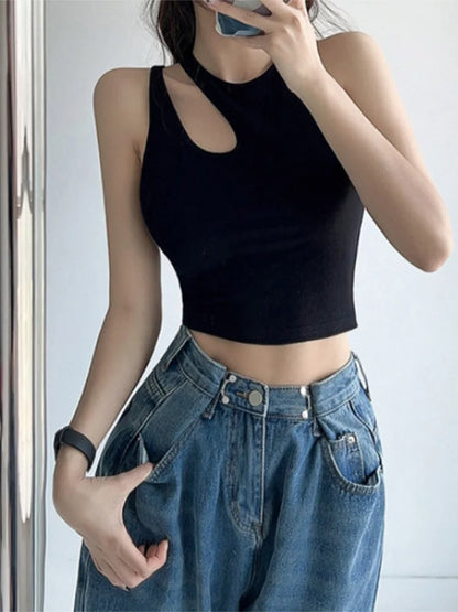 Ribbed Hollow Out Crop Top Off Shoulder Knit Summer Tank