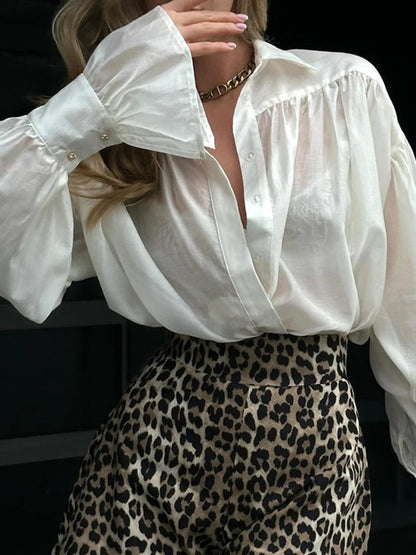 Autumn Womens Fashion Collared Office Shirt Flare Sleeve