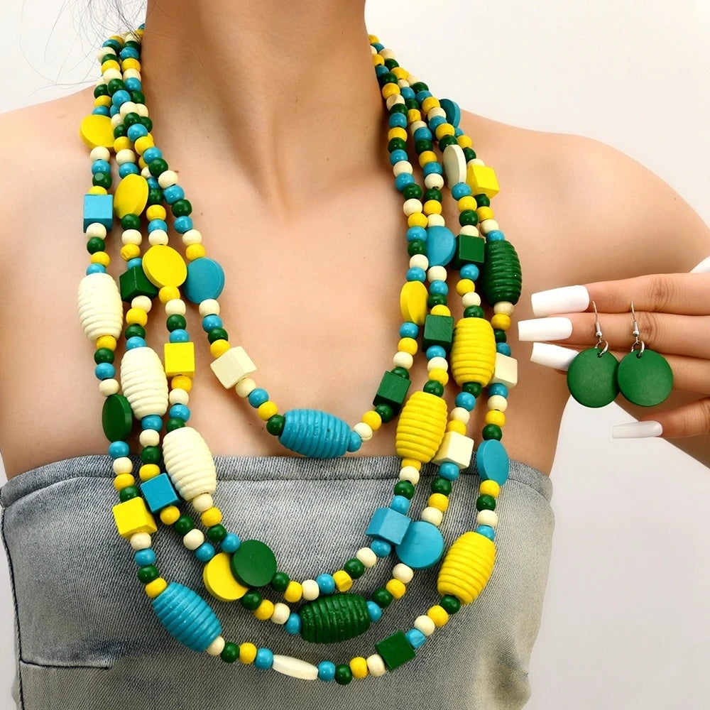 Bohemian African Jewelry Set with Geometric Multilayer Wooden Beads Necklace and Earrings for Women