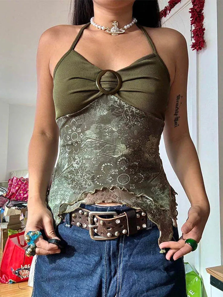 Retro Forest Green Boho Y2K Backless Halter Camisole