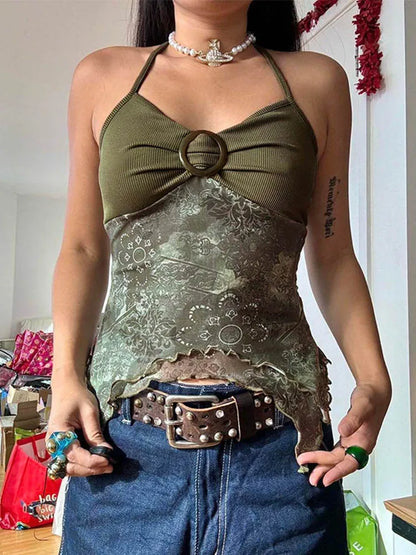 Retro Forest Green Boho Y2K Backless Halter Camisole