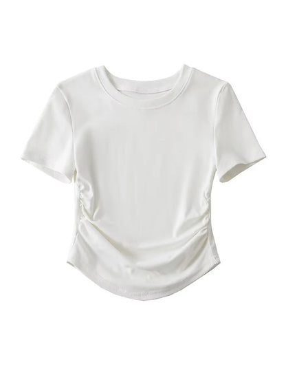 Harajuku 2024 Womens Crew Neck Ruched Side Cotton Tee