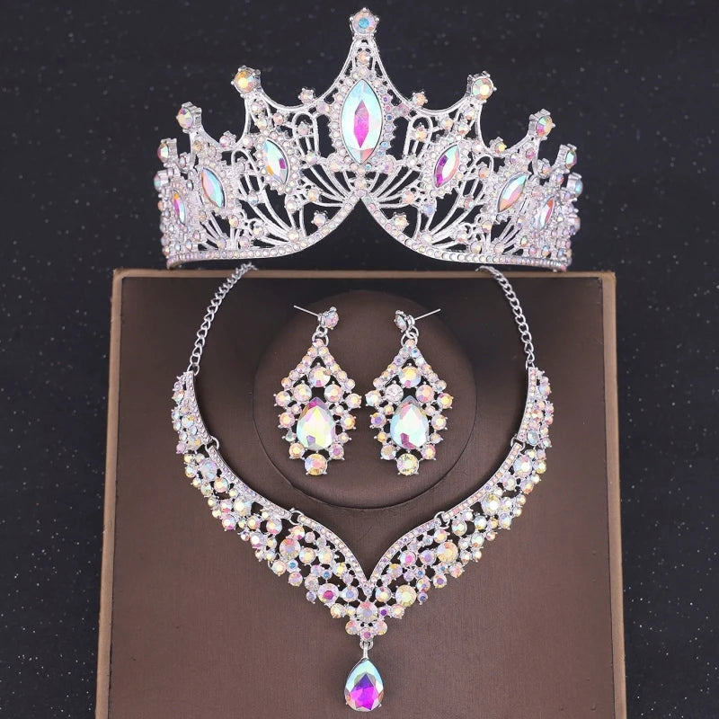 Crystal Crown Bridal Jewelry Set - 3Pcs Rhinestone Necklace & Earring Accessories Silver 2