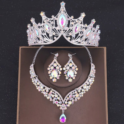 Crystal Crown Bridal Jewelry Set - 3Pcs Rhinestone Necklace & Earring Accessories Silver 2