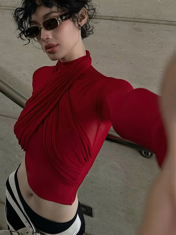 2024 Red Mesh Turtleneck Crop Top Long Sleeve Sexy Club