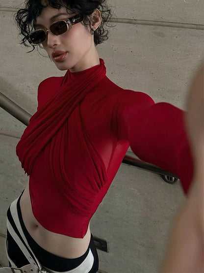 2024 Red Mesh Turtleneck Crop Top Long Sleeve Sexy Club