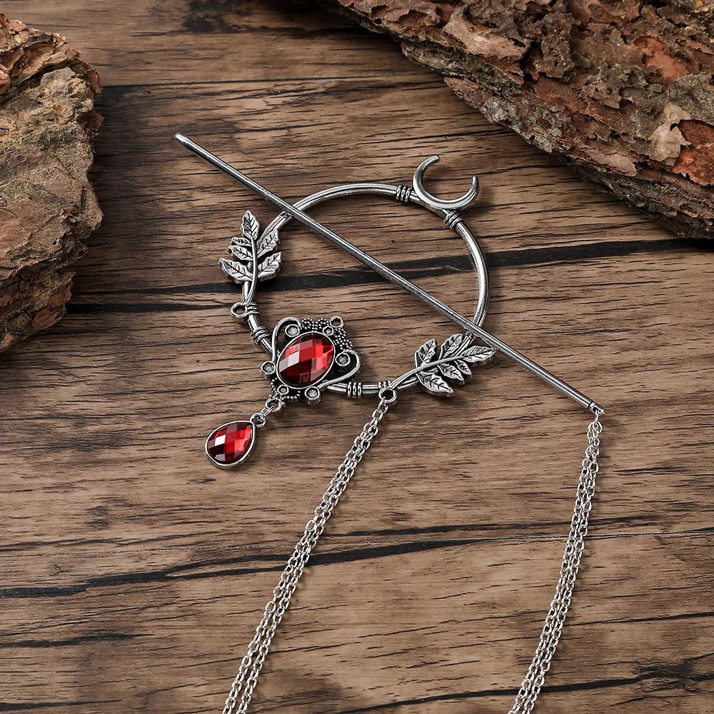 Retro Viking Crescent Leaf Gemstone Glass Hairpin Unique Scandinavian Hair Accessory Perfect Gift for Her