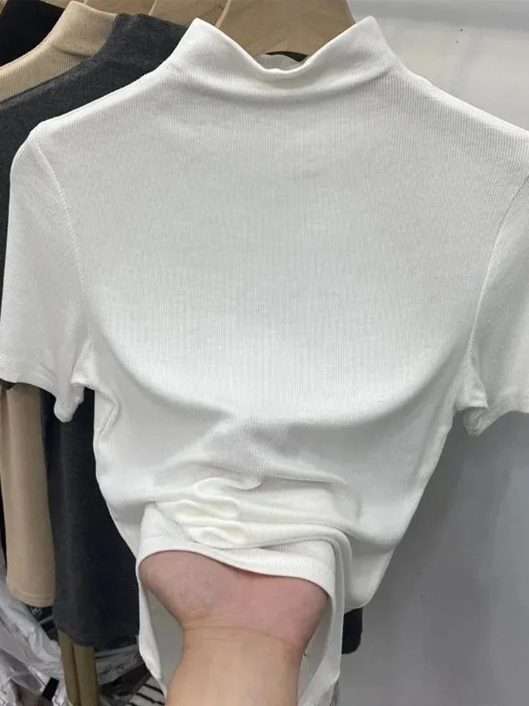 Slim Turtleneck Knit Top For Women Short Sleeves Elastic