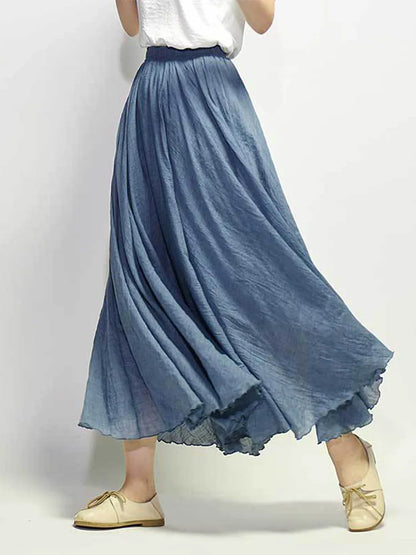 Boho Linen Cotton Maxi Skirt Elastic Waist Beige Pink