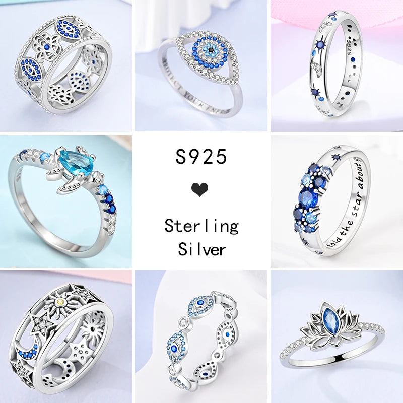 Hot Blue Zircon Ring for Women in 925 Sterling Silver with Sparkling Star and Moon Design Elegant Wedding Jewelry LLTR118