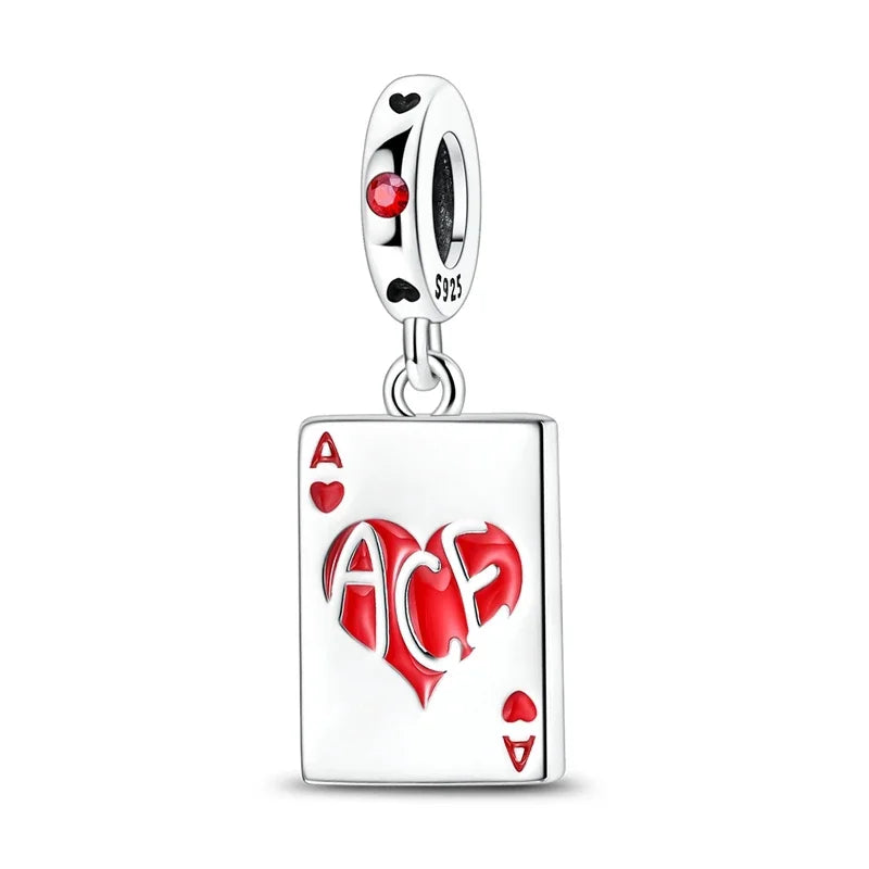 Original 925 Sterling Silver Playing Card Charms Pendant Poker Joker Hearts Spades Crown Bead Jewelry for Bracelets and Necklaces