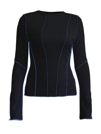 Dozw Patchwork Knit Tee For Women Chic Long Sleeve Ribbed