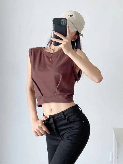 Dozw Women Solid Color Crop Tank Top O Neck Cotton Blend