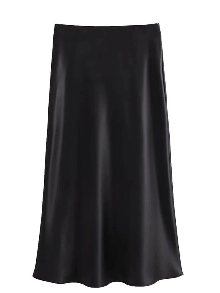 Black Satin High Waist Midi Skirt For Women Office Summer