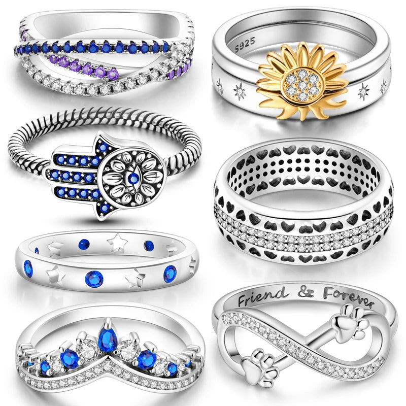 Elegant 925 Sterling Silver Heart-Shaped Zircon Star Moon Ring for Women SER111