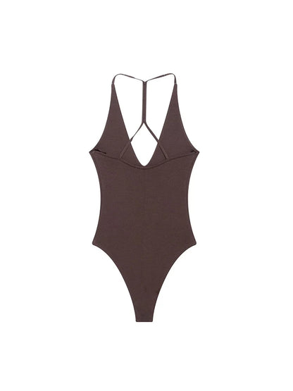 Women Solid Backless Bodysuit Slim V Neck Sling Top