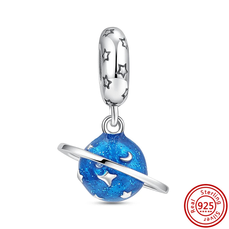 Sterling Silver Blue Zircon Feather Crown Moon Pendant Charm Bracelet Beads N679 3mm-4mm