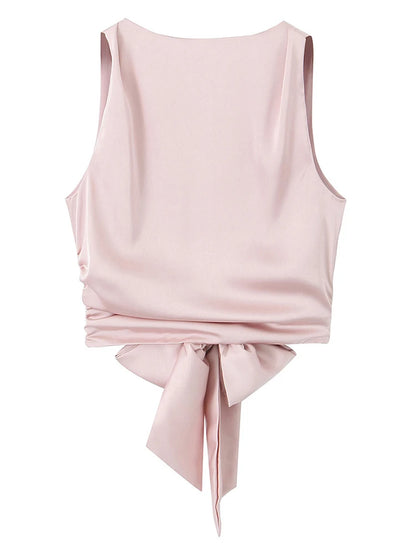 DozwCN Women Bow Backless Cropped Tank Top Solid Chic