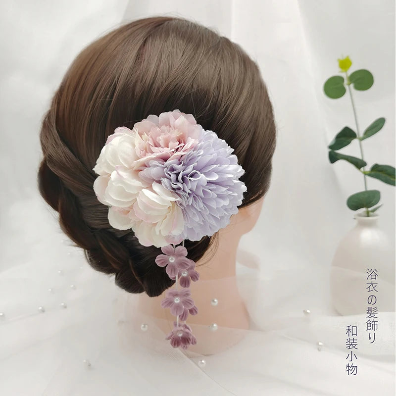 Japanese Handmade Fabric Flower Kimono Hairpin with Tassel for Weddings and Festivals