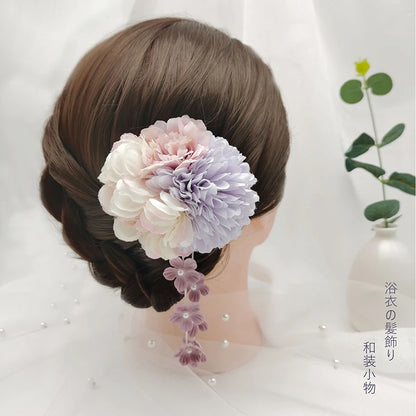 Japanese Handmade Fabric Flower Kimono Hairpin with Tassel for Weddings and Festivals