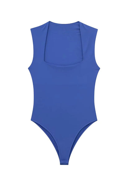 Black Sleeveless Bodysuit For Women Square Neck One Piece