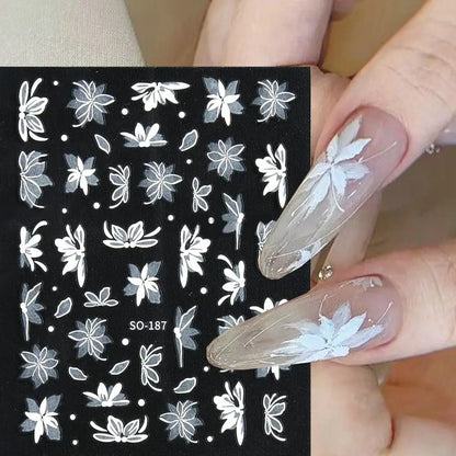 Elegant Black White Floral 3D Nail Art Stickers - Charming Petal Adhesive for DIY Manicure