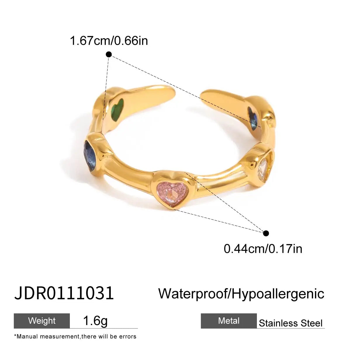 Youthway 18K Gold Plated Colorful Heart Rhinestone Ring for Women