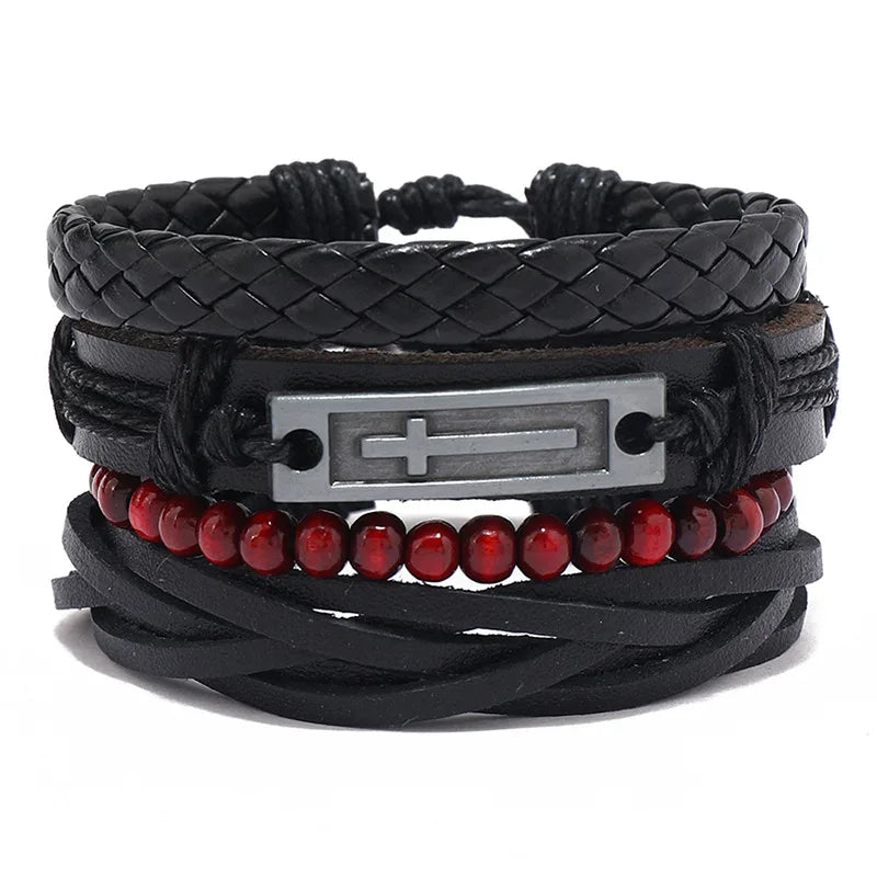 ZORCVENS Men's Handmade Braided Leather Bracelet Set - Vintage Black Punk Fashion Gift