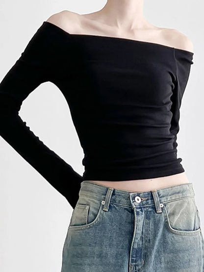 Korean Black Slash Neck Slim Cropped Long Sleeve Top