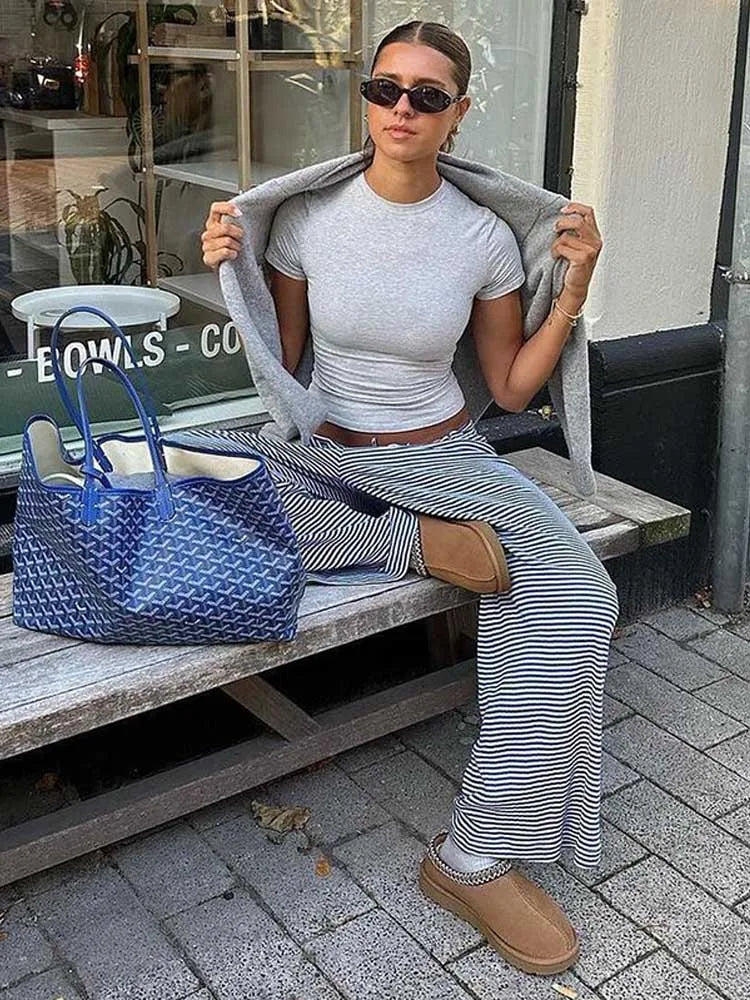 Womens Stripe Drawstring Low Waist Sweatpants Baggy Summer