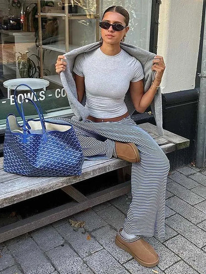 Womens Stripe Drawstring Low Waist Sweatpants Baggy Summer