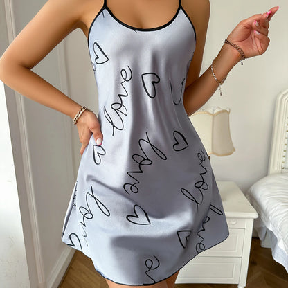 Heart Letter Print Nightdress Casual Round Neck Sleep Dress grey