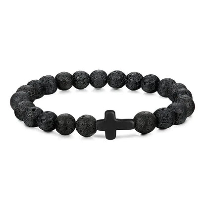 Men's Hematite Cross Bracelet with Natural Stone and Wood Beads for Meditation and Yoga Lava Black Cross