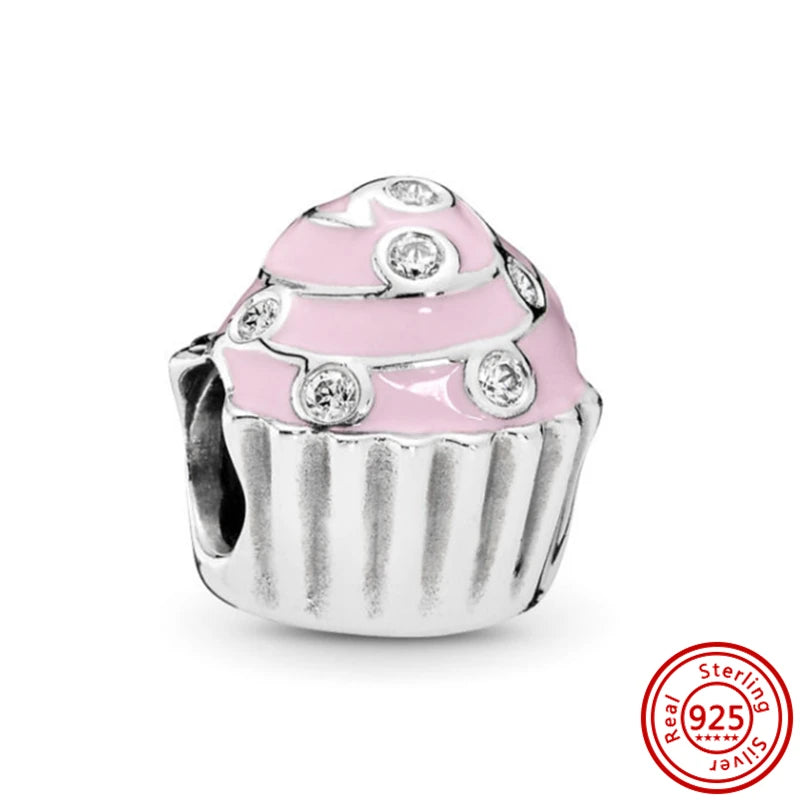 Springtime 925 Silver Pink Flower Ice Cream Charm Pendant for DIY Bracelets N564