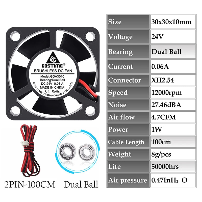 2 Pcs Gdstime DC 24V Fan 30MMx10MM Dual Ball Bearing Cooling Fan 24V Daul Ball 100CM