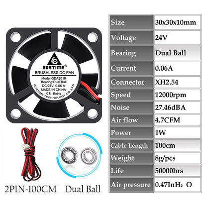 2 Pcs Gdstime DC 24V Fan 30MMx10MM Dual Ball Bearing Cooling Fan 24V Daul Ball 100CM