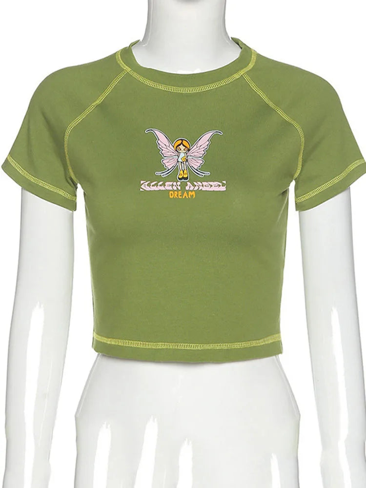 Butterfly Graphic Green Letter Print Crop Top O Neck Tee