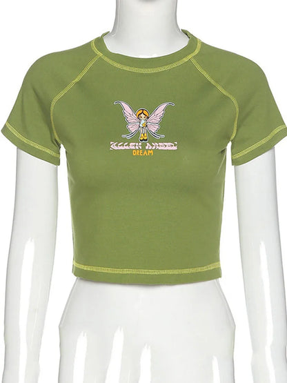 Butterfly Graphic Green Letter Print Crop Top O Neck Tee